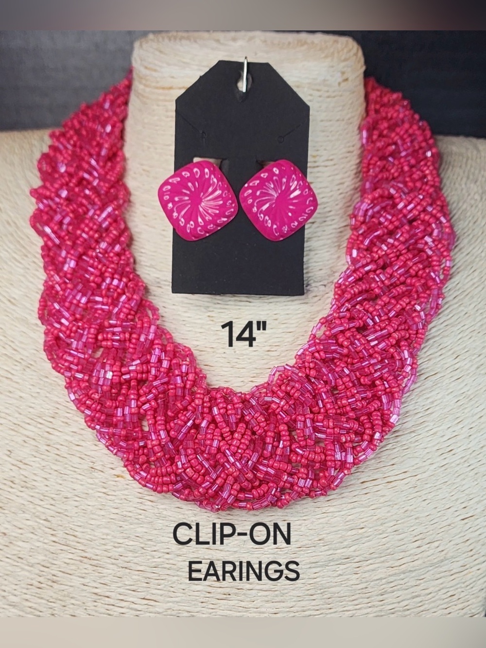 89. Pink Beaded Multi-Strand Statement Necklace with Clip-On Earrings